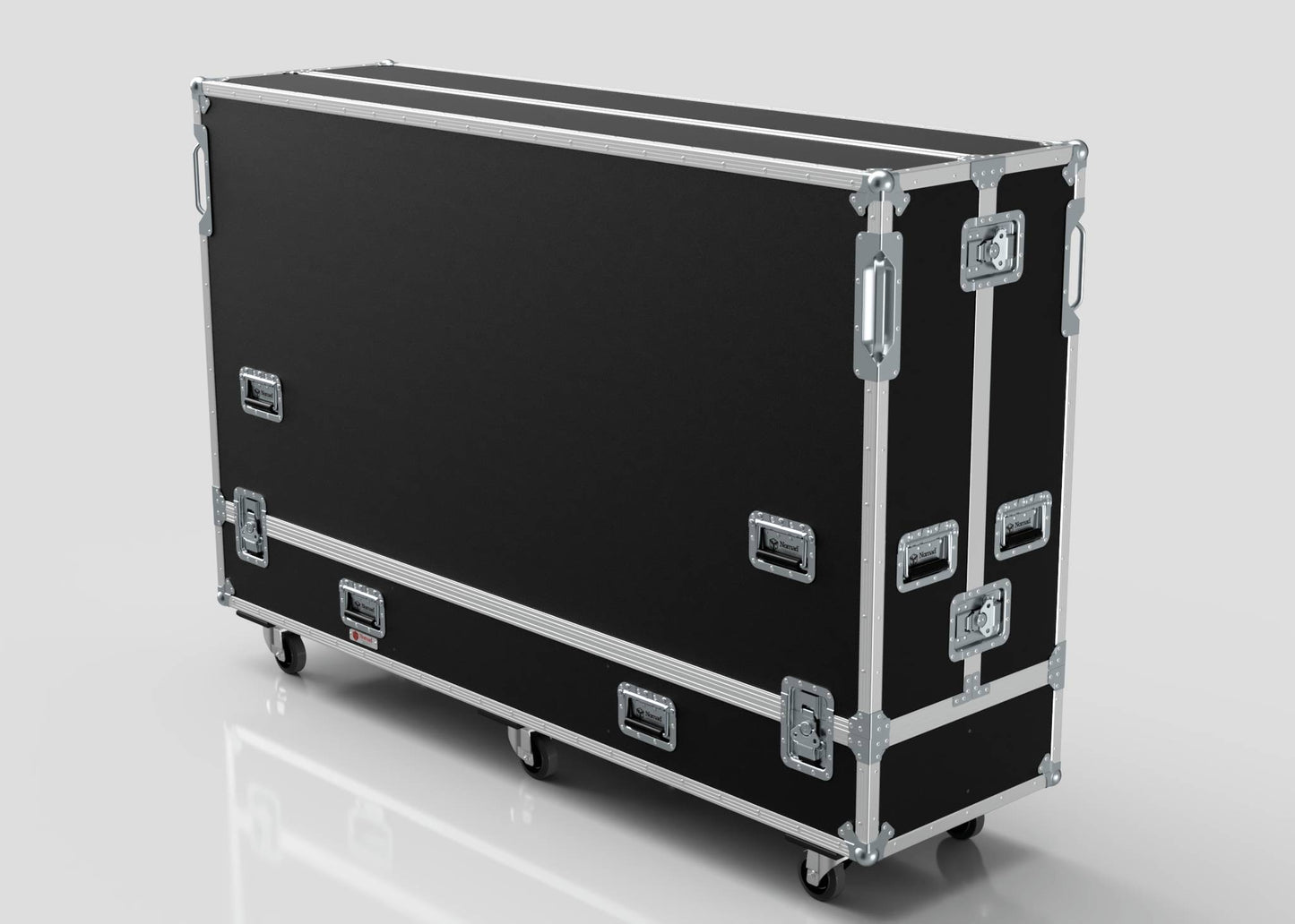 The 82" Double Screen Case is a large black hard case with metal edges, reinforced corners, handles, and four wheels, shown against a plain background.