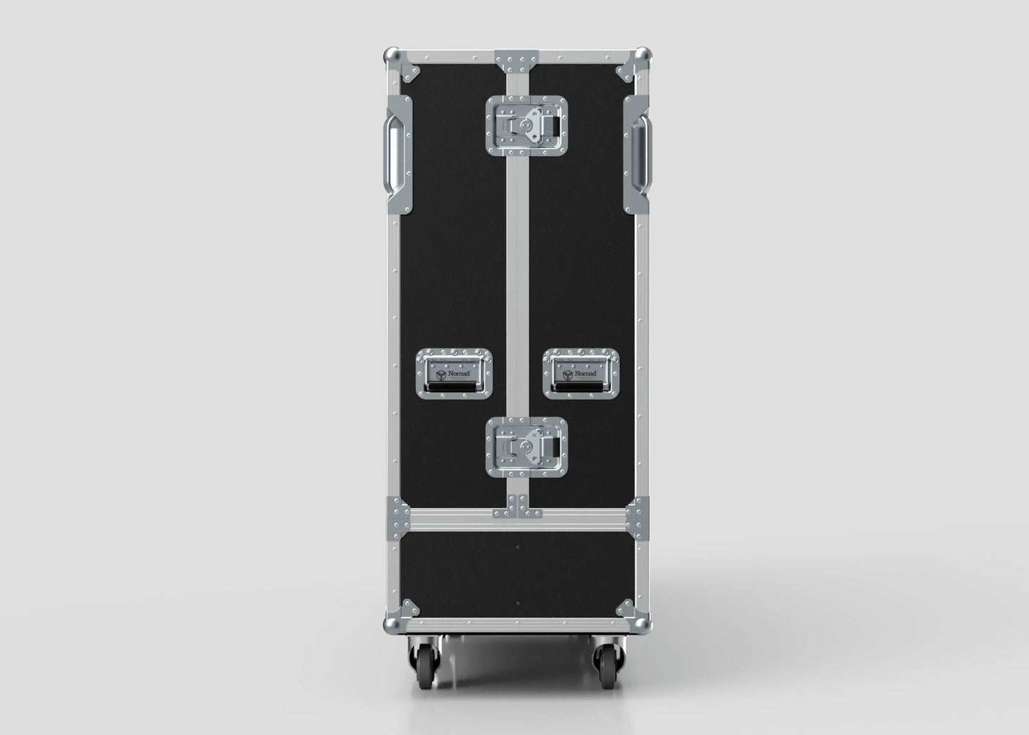 The 84" Single Screen Case is a large, black, rectangular rolling equipment case with metal corners, latches, and handles, shown standing upright on a light gray background.