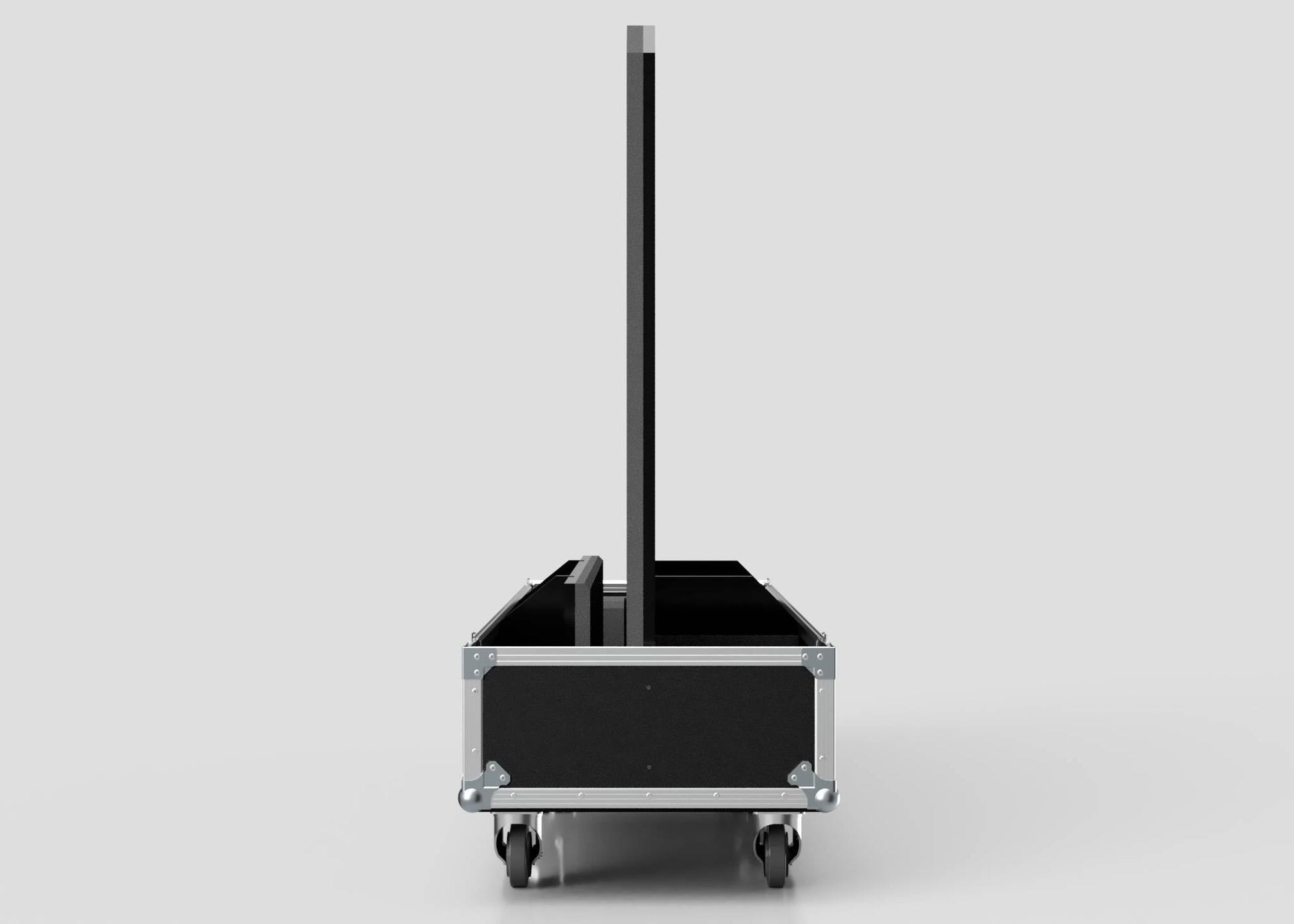 The 84" Single Screen Case, featuring metal edges and wheels, is shown holding a large vertical rectangular object against a plain light gray background.