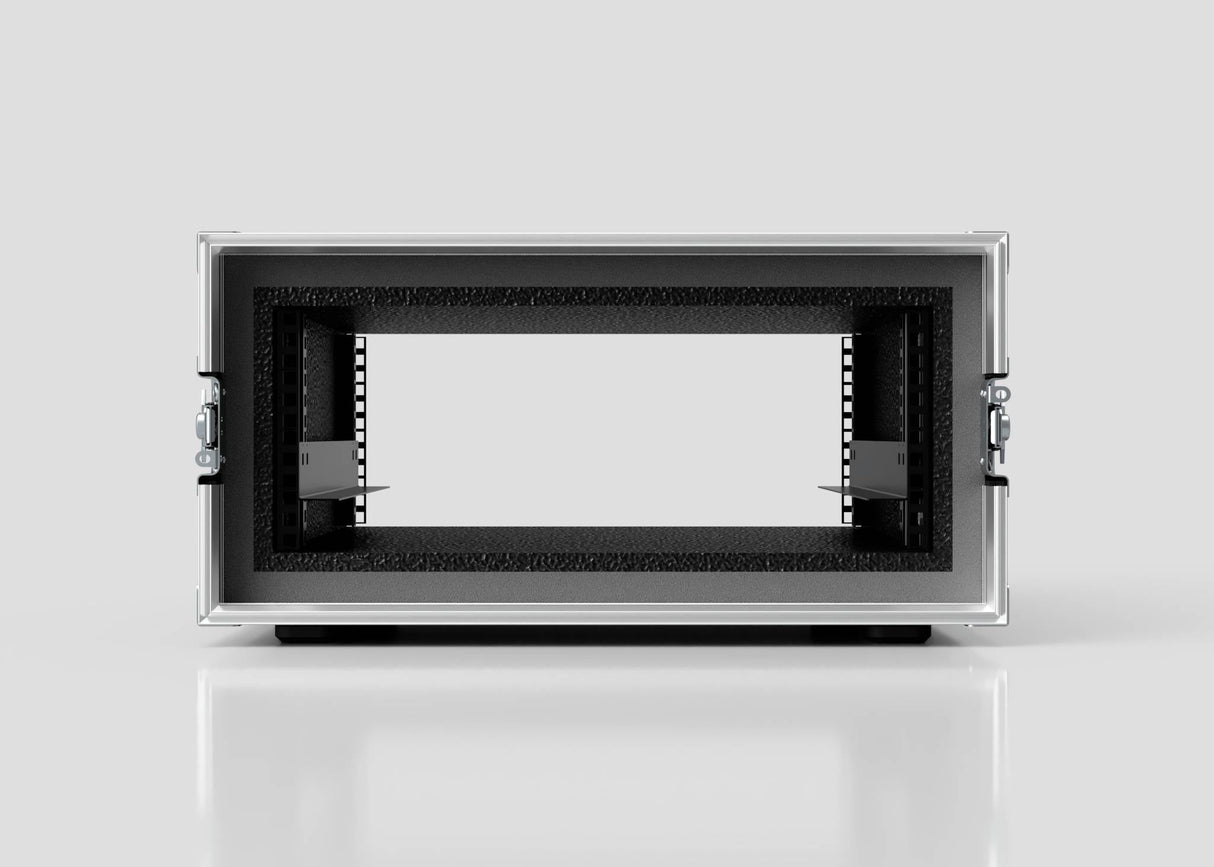 Front view of the 8U Foam Shock Mounted 19" Rack Case with foam lining, side handles, rack strips, and open space for electronic equipment against a plain white background.