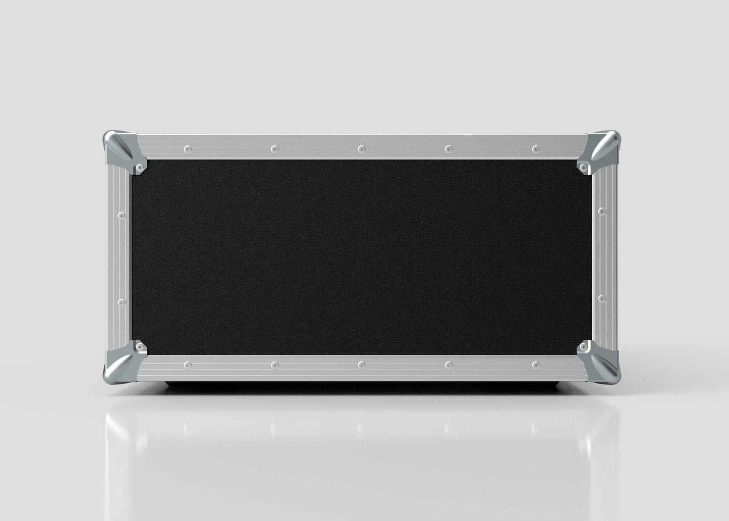An 8U Foam Shock Mounted 19" Rack Case made of black birch plywood with silver metal edges and corners, shown upright against a plain light gray background.