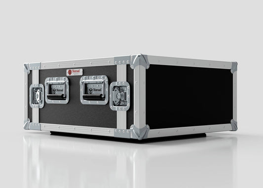 An 8U Foam Shock Mounted 19" Rack Case in black and silver birch plywood with reinforced corners, two front latches, and rack strips sits on a white surface.