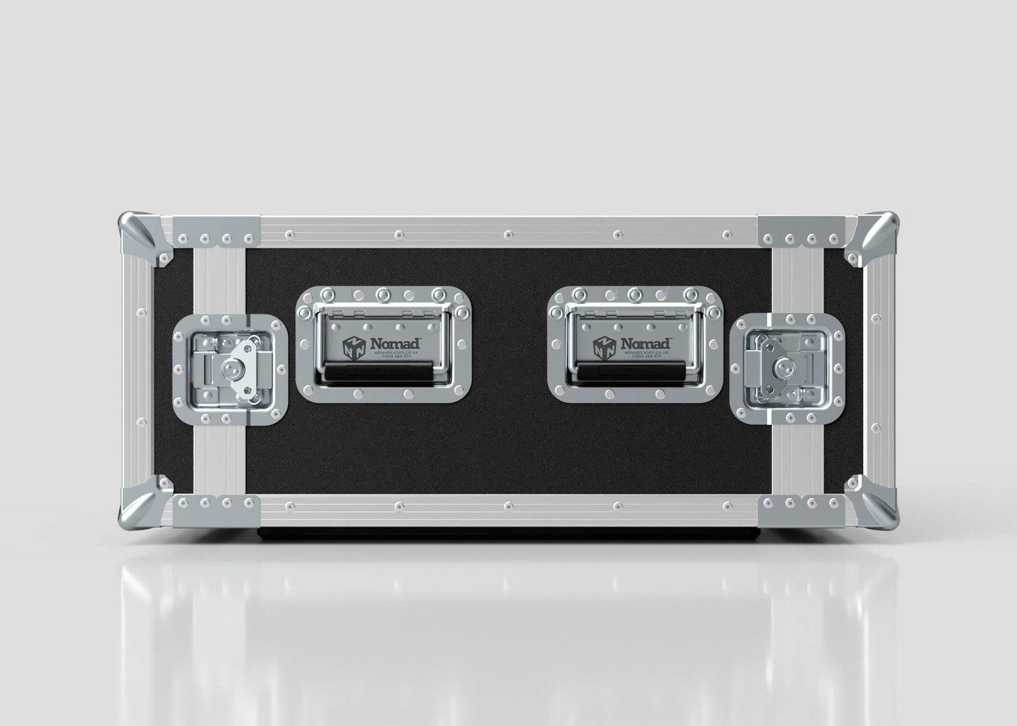 The 8U Foam Shock Mounted 19" Rack Case, shown in black and silver with metal edges and latches, features three handles with the Nomad logo and built-in rack strips for easy equipment mounting.