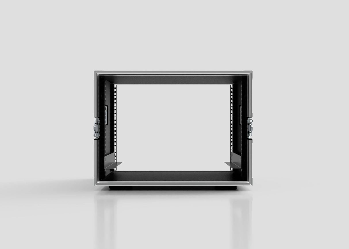 Front view of the 8U Standard Rack Case, an empty metal server enclosure with open sides, perfect for use as an equipment rack or rack case, set against a plain light gray background.