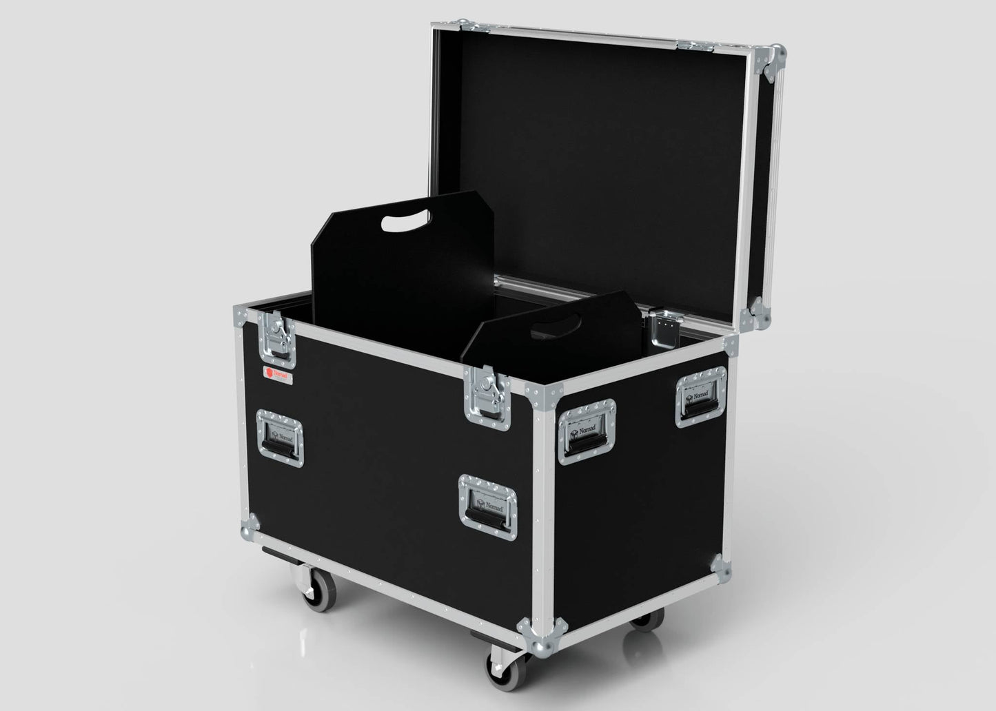 The 900mm Trunk Case, in black with metal edges and handles, stands on four caster wheels against a plain background. Its interior is divided, and the external dimensions are 925 x 607 x 765 mm.