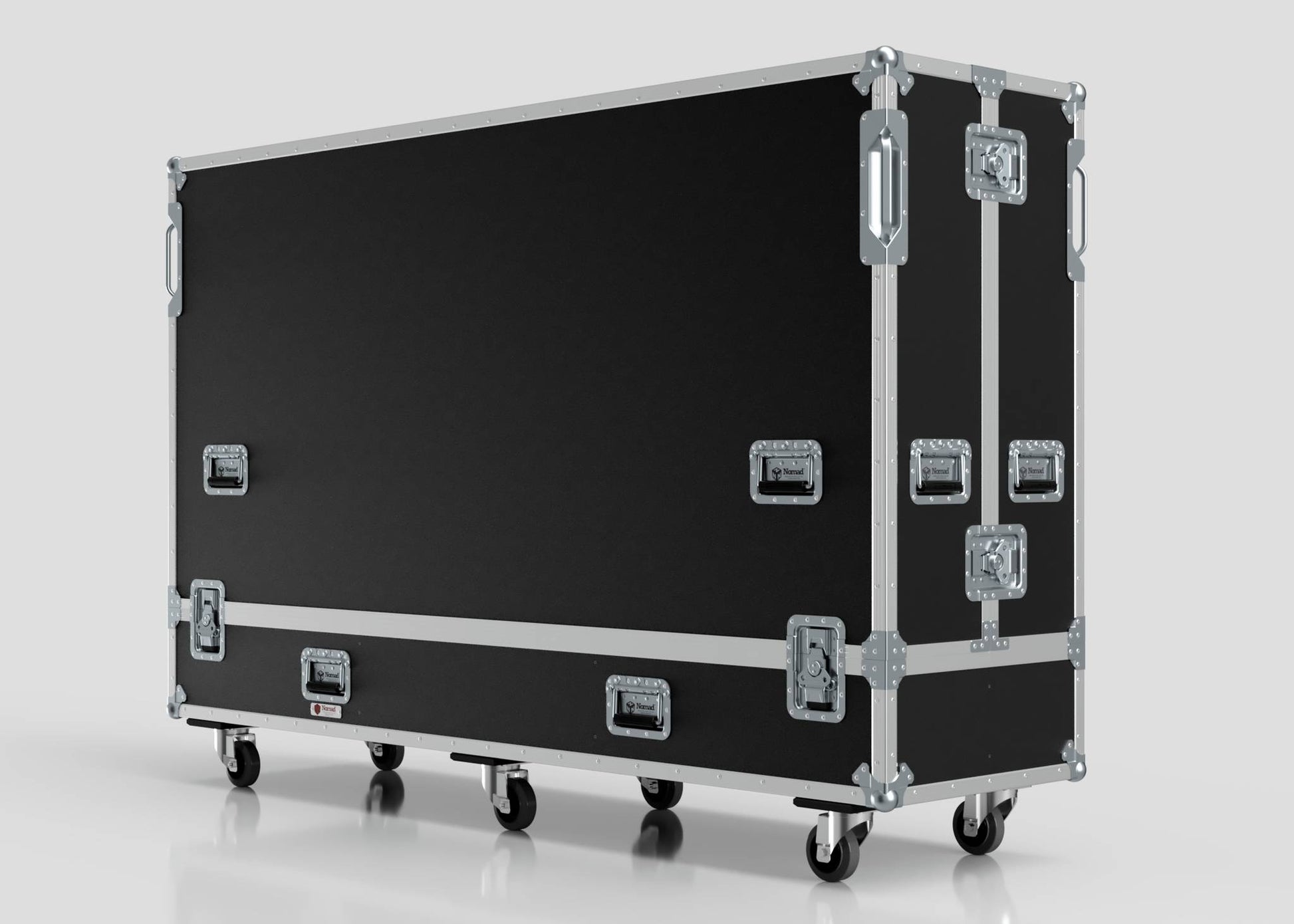 The 95" Double Screen Case is a large black equipment case with metal reinforcements, multiple handles and latches, and four caster wheels, shown against a plain white background.