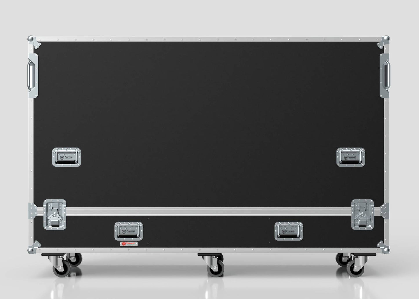 The 95" Single Screen Case is a large black rectangular case with metal edges, handles, latches, and four caster wheels, shown against a plain background.