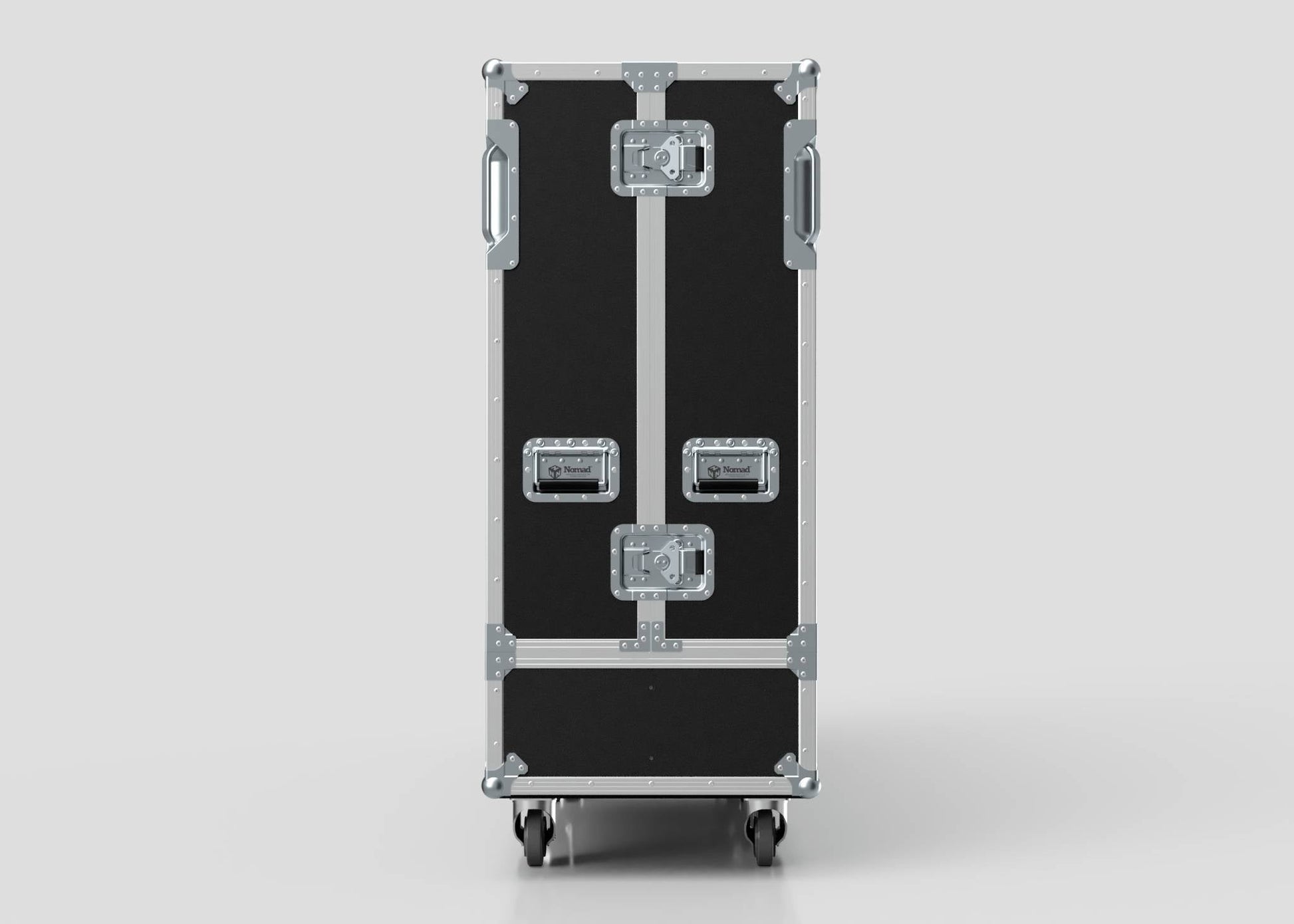 The 98" Single Screen Case is a large black and silver hard case with metal reinforcements and handles, shown upright on wheels against a plain light background.