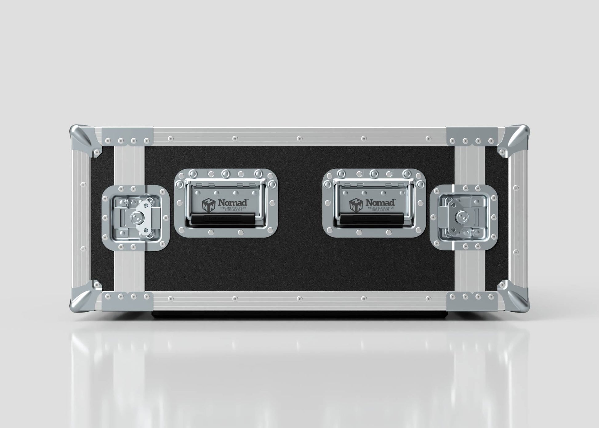 A 9U Foam Shock Mounted 19" Rack Case, black and silver with reinforced corners, rack strips, and three latches featuring Nomad logos, sits on a reflective white surface.