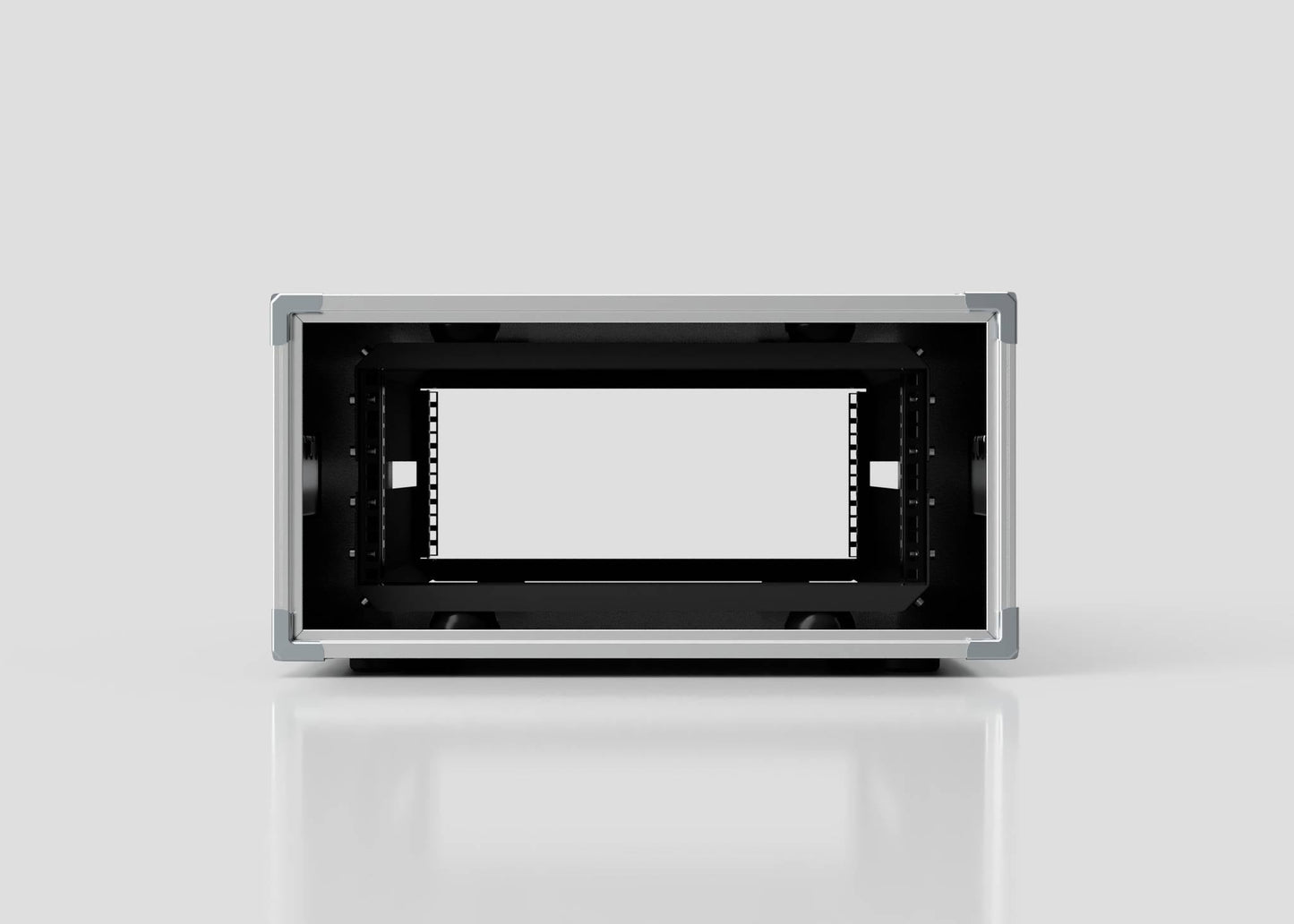 Front view of an empty 9U Shock Mount Slam Rack Case in black and gray, set against a plain light background and reflected on a glossy surface.
