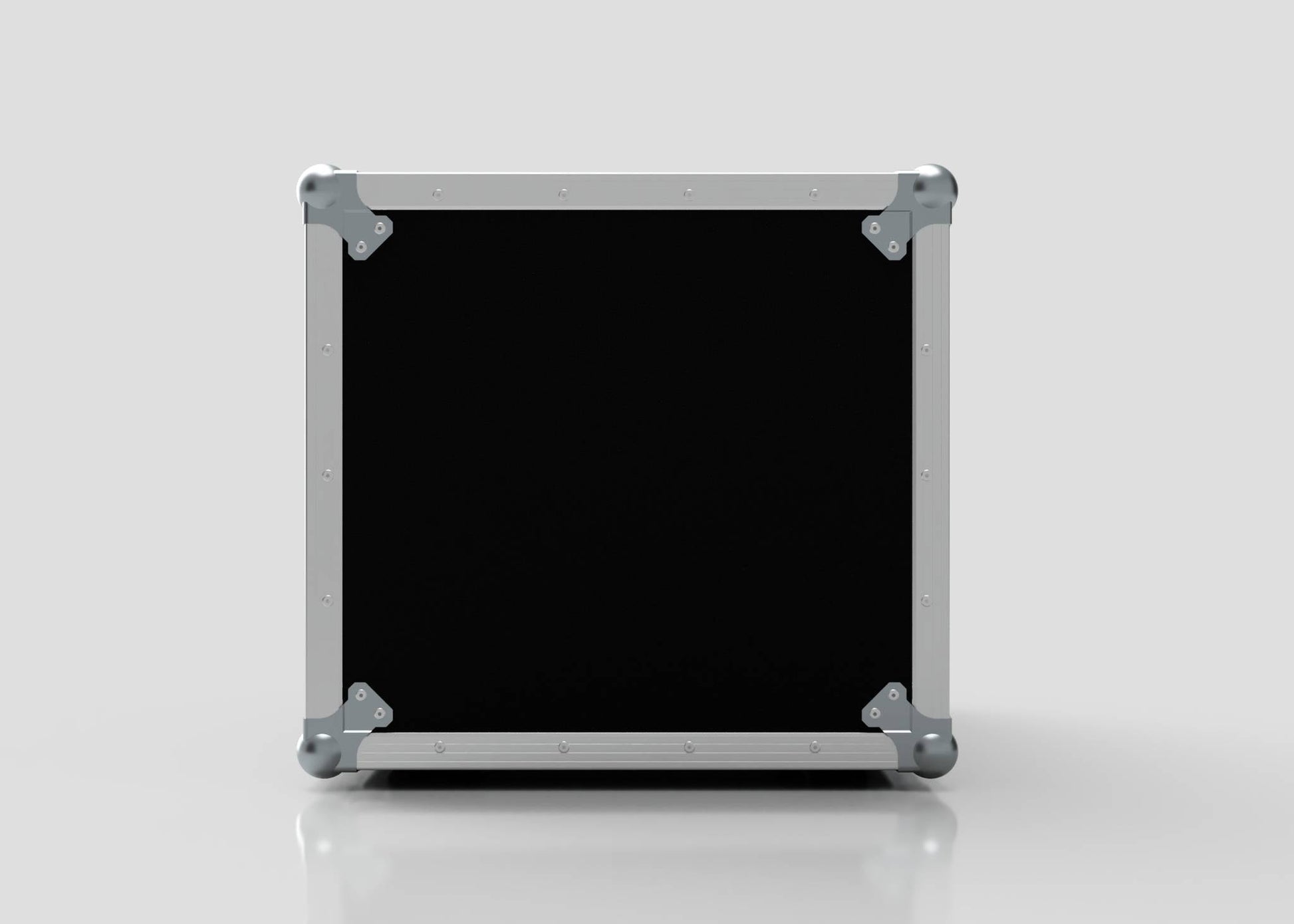 The 9U Standard Rack Case is a black rectangular case with silver metal edges and corner protectors, shown upright on a white reflective surface against a plain background.