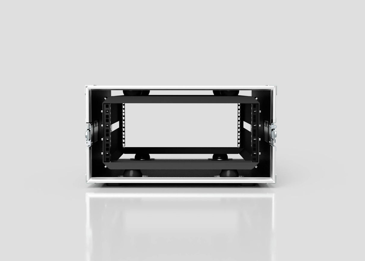 A front view of the 9U Suspended Shock Mounted Rack Case, empty and open, featuring side handles and anti-vibration mounts on a reflective surface against a plain background.