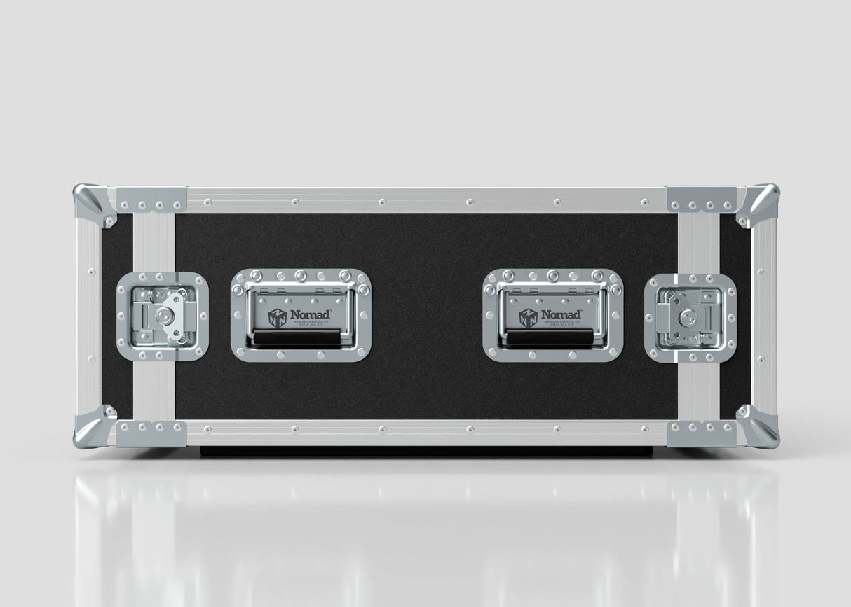 The 9U Suspended Shock Mounted Rack Case is a rectangular black and silver hard case with metal reinforcements and three front latches, featuring suspended shock mounted racks, shown on a white surface.