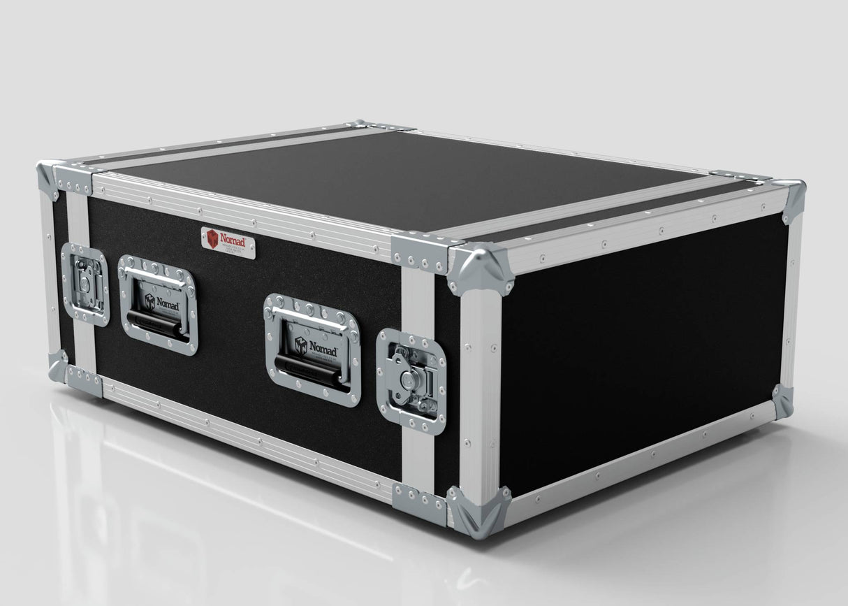 The 9U Suspended Shock Mounted Rack Case is a black and silver hard-shell equipment case with metal corner reinforcements, three latch handles, and suspended shock-mounted racks, shown on a plain white surface.