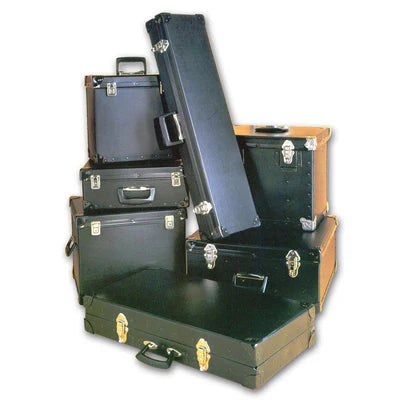 A stack of variously sized, hard-shell black instrument and equipment cases with metal latches and handles, arranged against a plain white background.