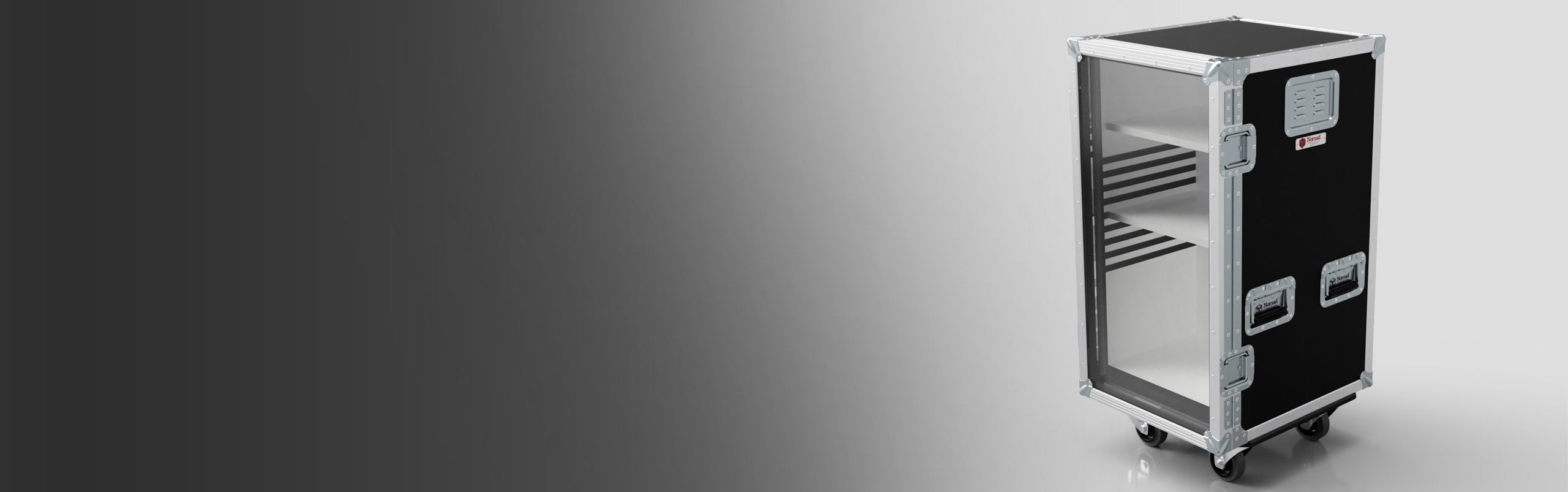 Black and silver rolling equipment case with a transparent front door, two interior shelves, and metal handles on the sides, set against a gradient gray background.