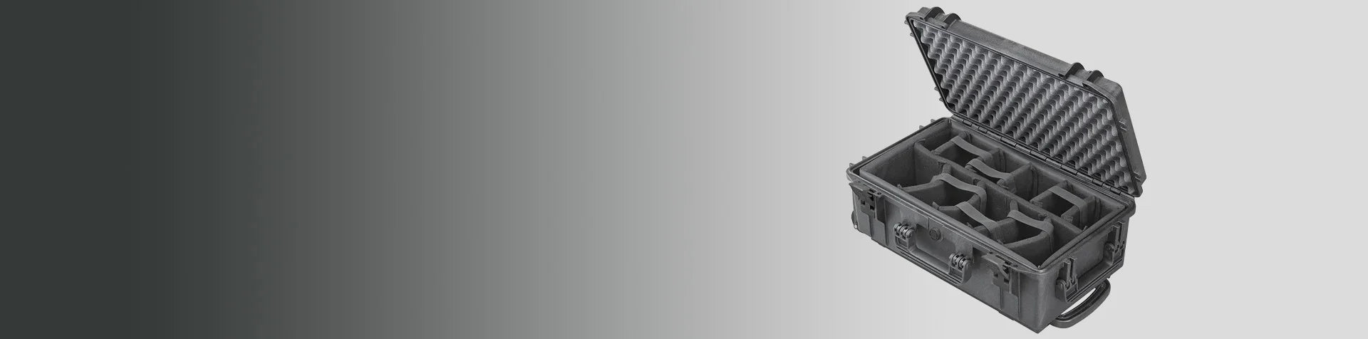 A black hard-shell carrying case with a foam-padded interior and adjustable compartments sits open on a grey background.