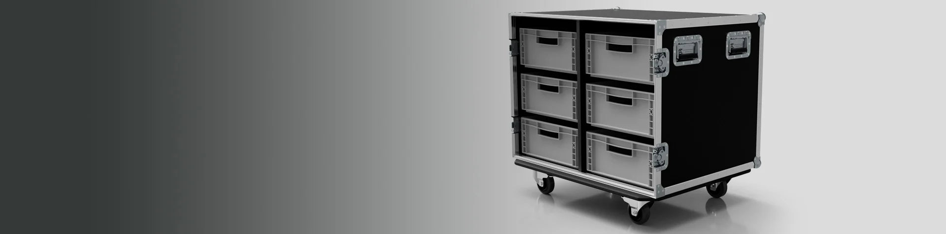 A black rolling storage case with metal edges and handles, featuring six gray pull-out drawers, is positioned on a gray gradient background.