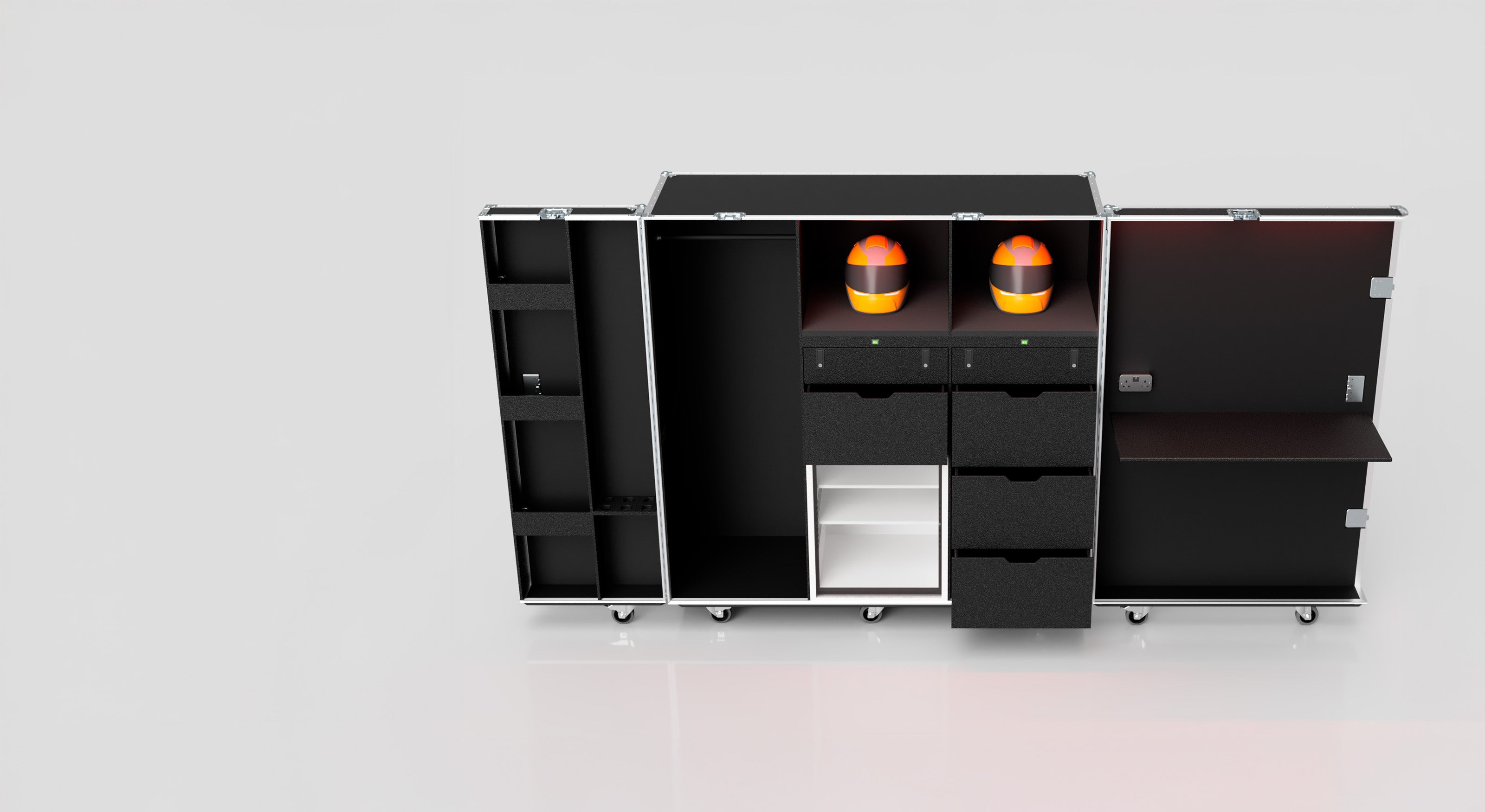 A black storage case on wheels with open compartments, drawers, and two orange-safety helmets inside.