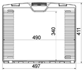 Technical drawing of the WAG plastic cases Jazz 5032 protective case with ribbed sides, showing 497 mm width, 411 mm height, 490 mm inner width, and 340 mm inner height—ideal for foam inserts.