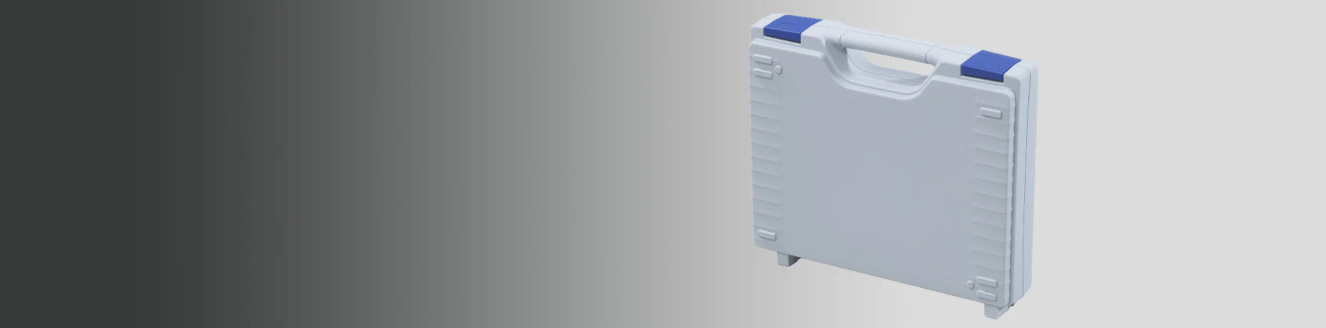A closed, light gray plastic carrying case with a handle and blue latches, standing upright against a gray gradient background.
