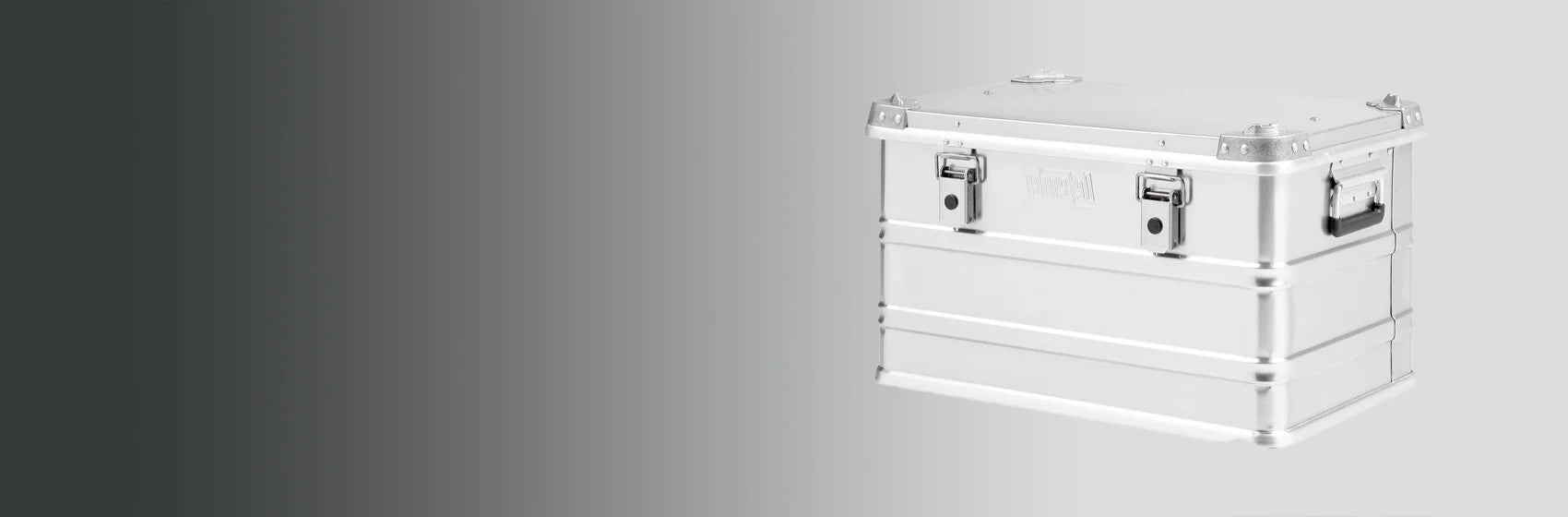 A silver metal storage box with latches and reinforced corners is displayed against a gradient grey background.