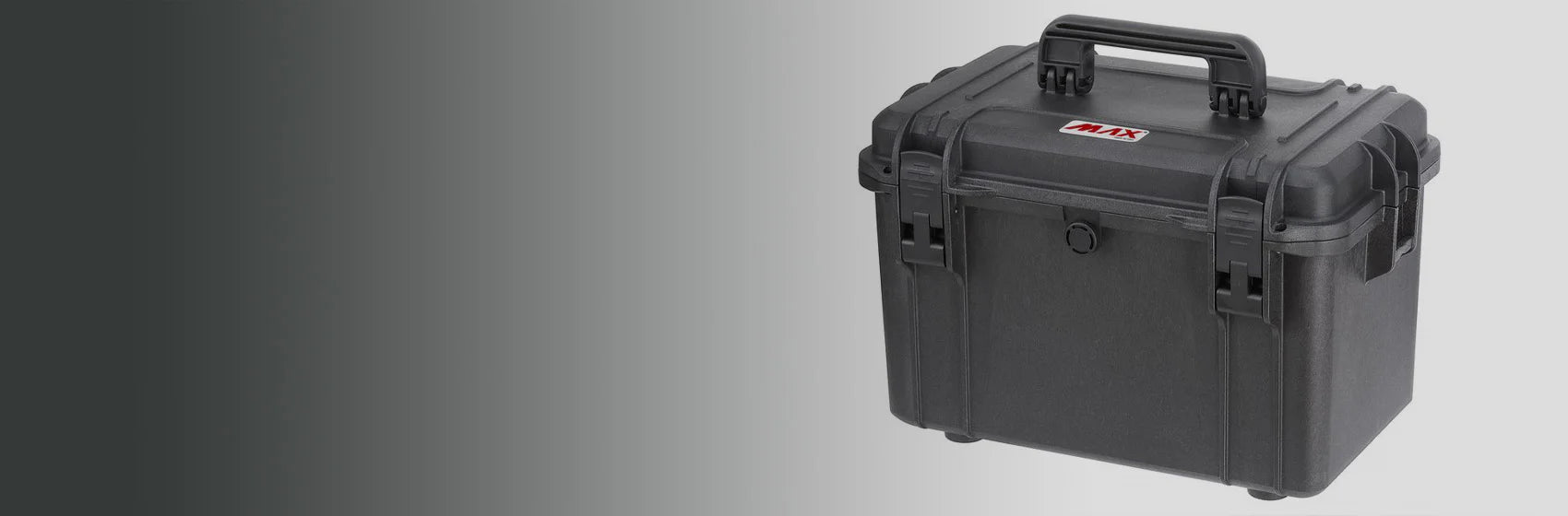 A black, hard-shell protective carrying case with a handle and latches is shown against a gray gradient background.