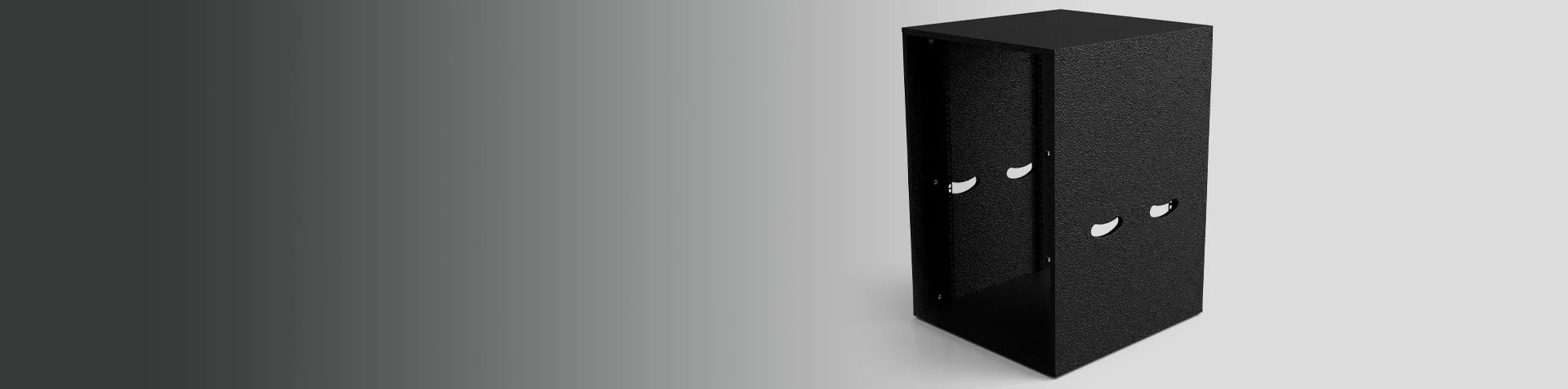 A black rectangular metal enclosure with side cutouts stands upright on a plain light gray background.