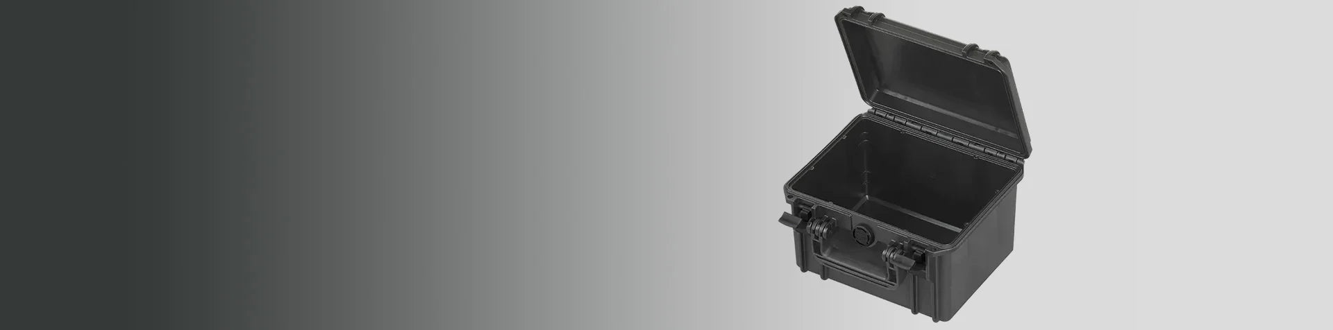 A black hard plastic protective case with an open hinged lid, empty interior, and secure latches, shown on a gradient gray background.