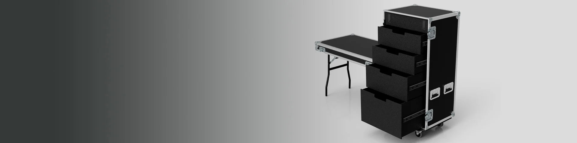 Black rolling storage case with four open drawers and an attached fold-out table on a gray background.