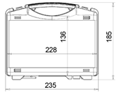 Technical drawing of the Tekno 2002 rectangular case by WAG plastic cases, with a handle, stylish design, and dimensions: 235 mm width, 185 mm height, and internal space of 228 x 136 mm.