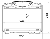 Black and white technical drawing of the WAG plastic cases Tekno 2003, featuring a striking design and handle, with dimensions: 255 mm wide, 210 mm tall, 244 mm interior width, and 161 mm interior height.