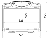 Technical drawing of the WAG plastic cases Tekno 2007 rectangular hard case, featuring a handle, eye-catching design, and dimensions: 340 mm wide, 275 mm tall with internal space of 222 x 326 mm.