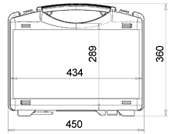 Technical drawing of the WAG plastic cases Tekno 2017: rectangular storage case with handle, interchangeable clasps, 450 mm width, 360 mm height, internal size 434 mm wide and 289 mm high.