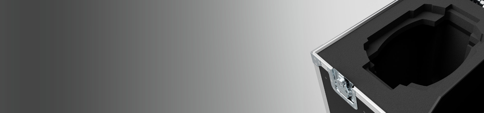 A partial view of an open black hard case with custom foam inserts, set against a gray gradient background.