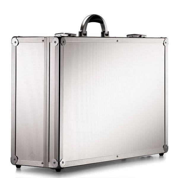 The ARK 90800, a silver aluminium frame case with reinforced corners and black handle, made from durable material, stands upright against a white background.