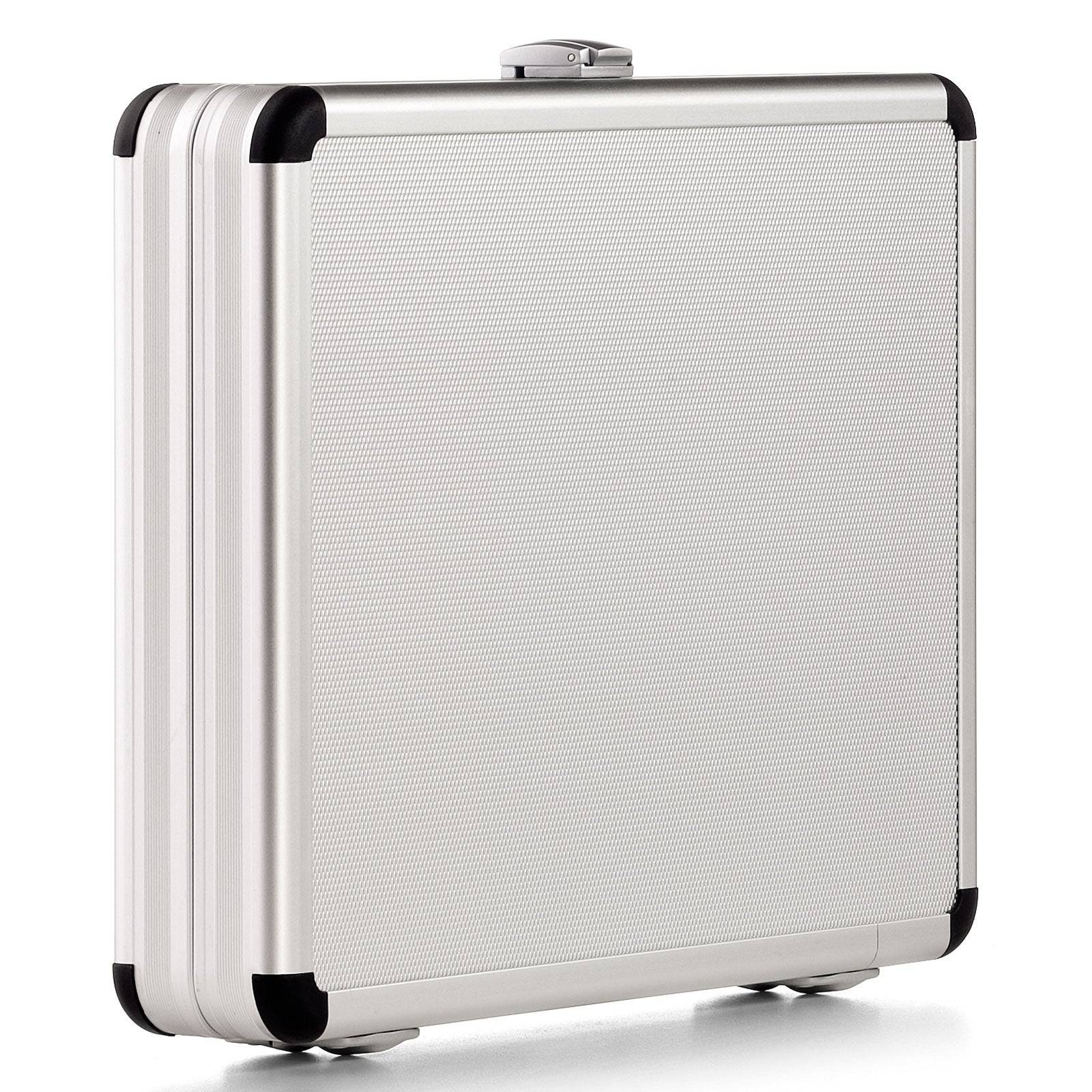 The AZKE 95260 is a closed silver aluminium frame case with black corner protectors, standing upright on a white background and offering durable, scratch-resistant protection.