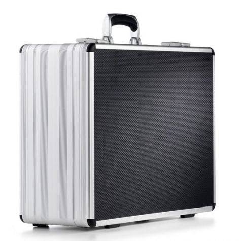 The AZKE 95700 is a silver and black aluminum frame case with a textured surface, sturdy handle, and custom CNC foam fittings, shown against a plain white background.