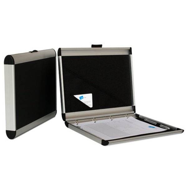 Two AZKR 80100 (330 x 260 x 26) aluminium cases in black and silver: one closed, the other open, showing documents, a pen, and a business card inside the scratch-resistant case.