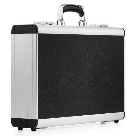 The AZKR 80500 is a closed black and silver aluminium frame case with a black handle, standing upright on a white background and featuring a scratch-resistant case design.