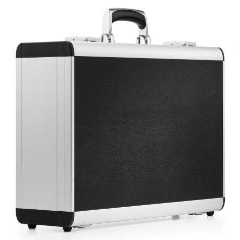 The AZKR 80600 is a silver and black aluminium frame case with a handle, custom CNC foam fittings, shown standing upright on a white background.