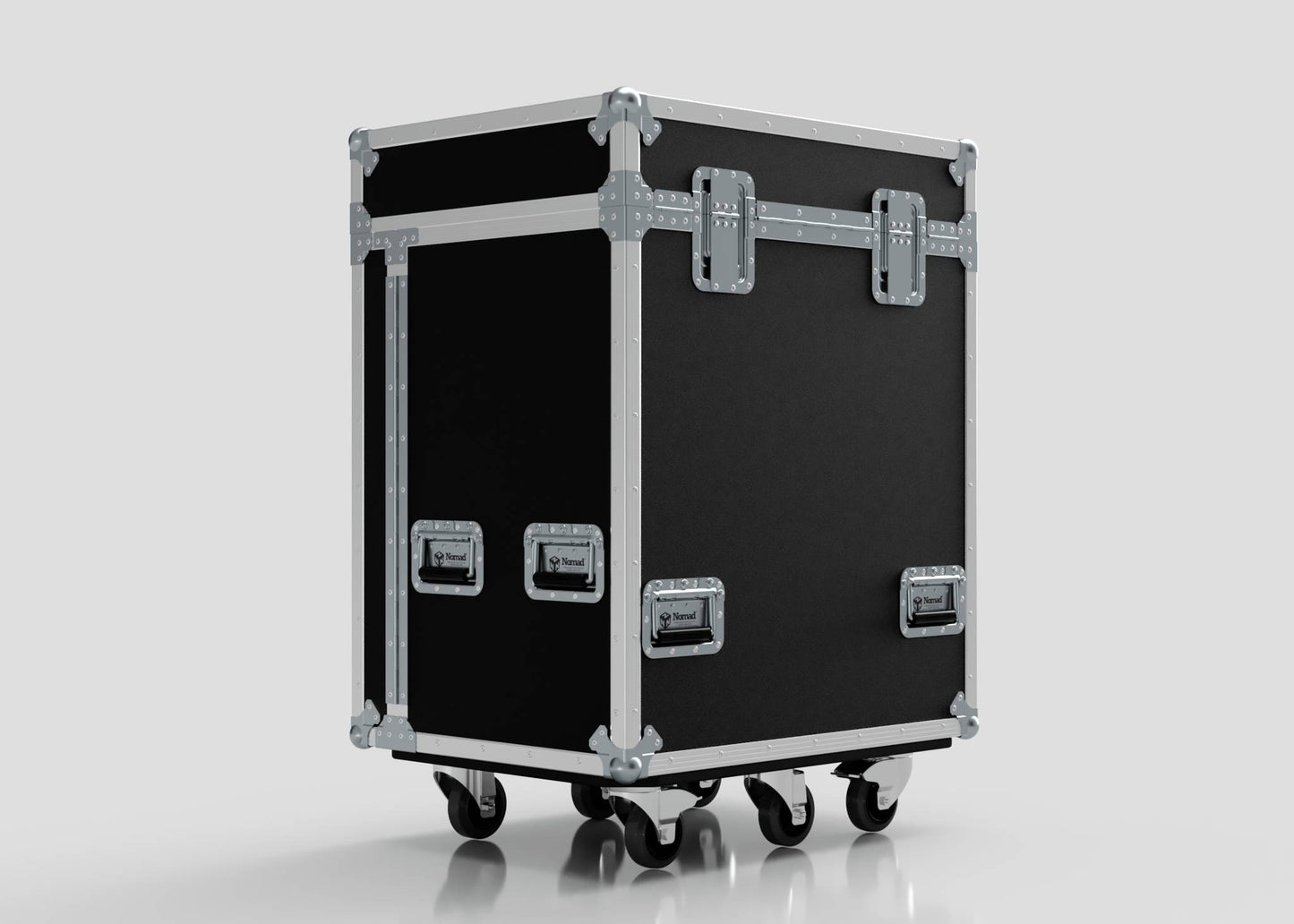 The Backline Workbox Case With 4 drawers Plus 2U Rack Drawer is a large black and silver hard case with metal-reinforced corners, handles, four caster wheels, and external dimensions of 800 x 600 x 1090 mm, shown against a plain light background.