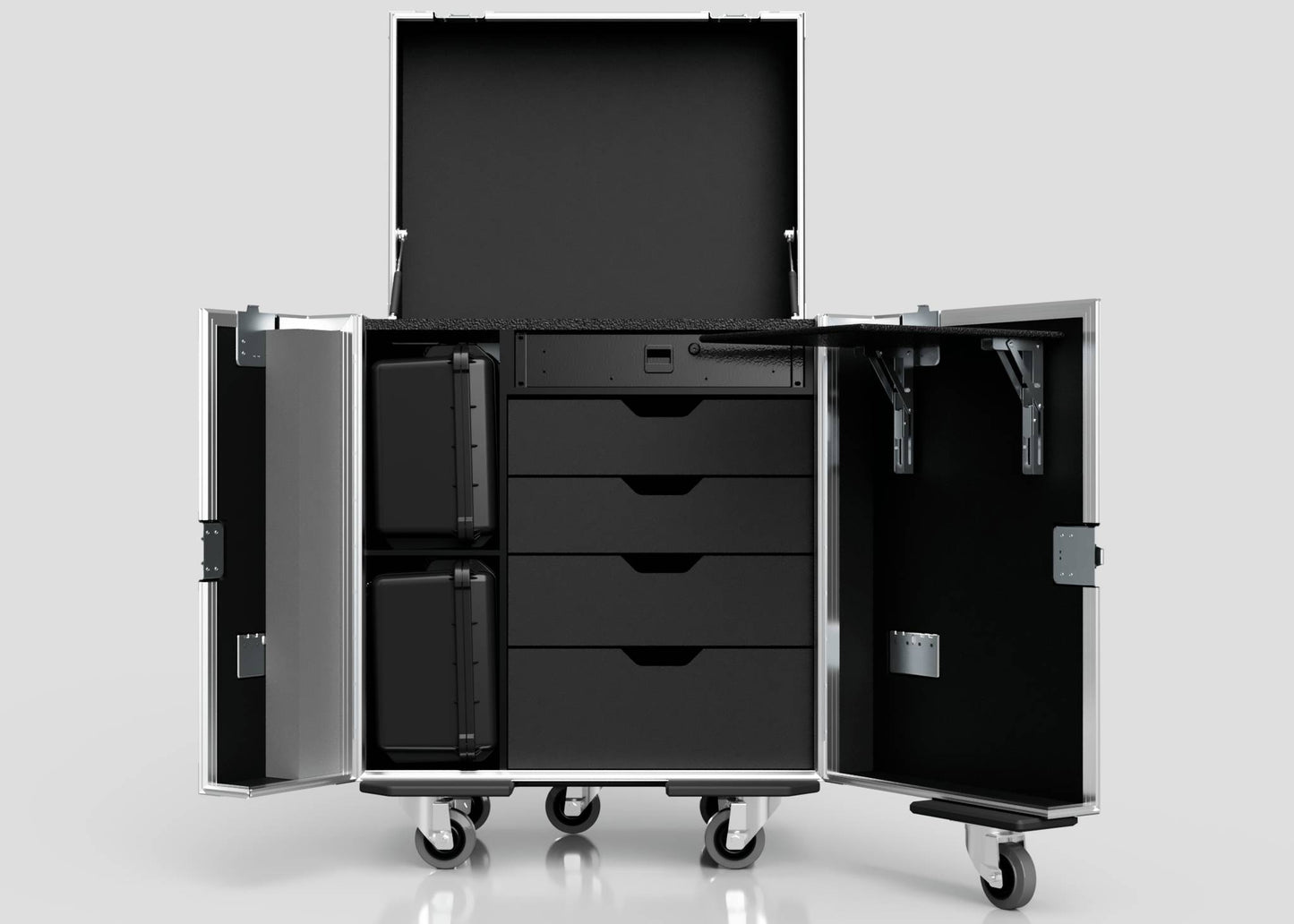 The Backline Workbox Case with 4 drawers plus a 2U rack drawer is a large storage case on wheels (800 x 600 x 1090 mm) with two side doors, an open top, and interior drawers, shelves, and black equipment cases.