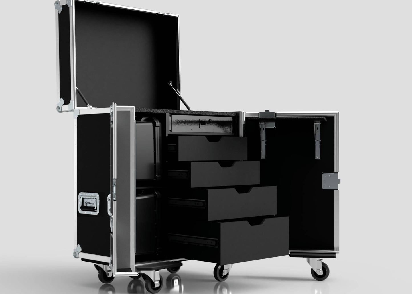 A Backline Workbox Case with 4 drawers plus a 2U rack drawer, black, featuring external dimensions of 800 x 600 x 1090 mm, shown against a plain light background.
