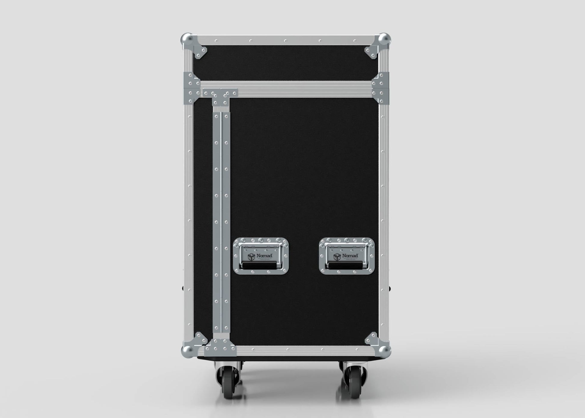 The Backline Workbox Case With 4 drawers Plus 2U Rack Drawer, shown in black and silver with reinforced corners, two handles, and wheels, measures 800 x 600 x 1090 mm and is set against a plain light gray background.