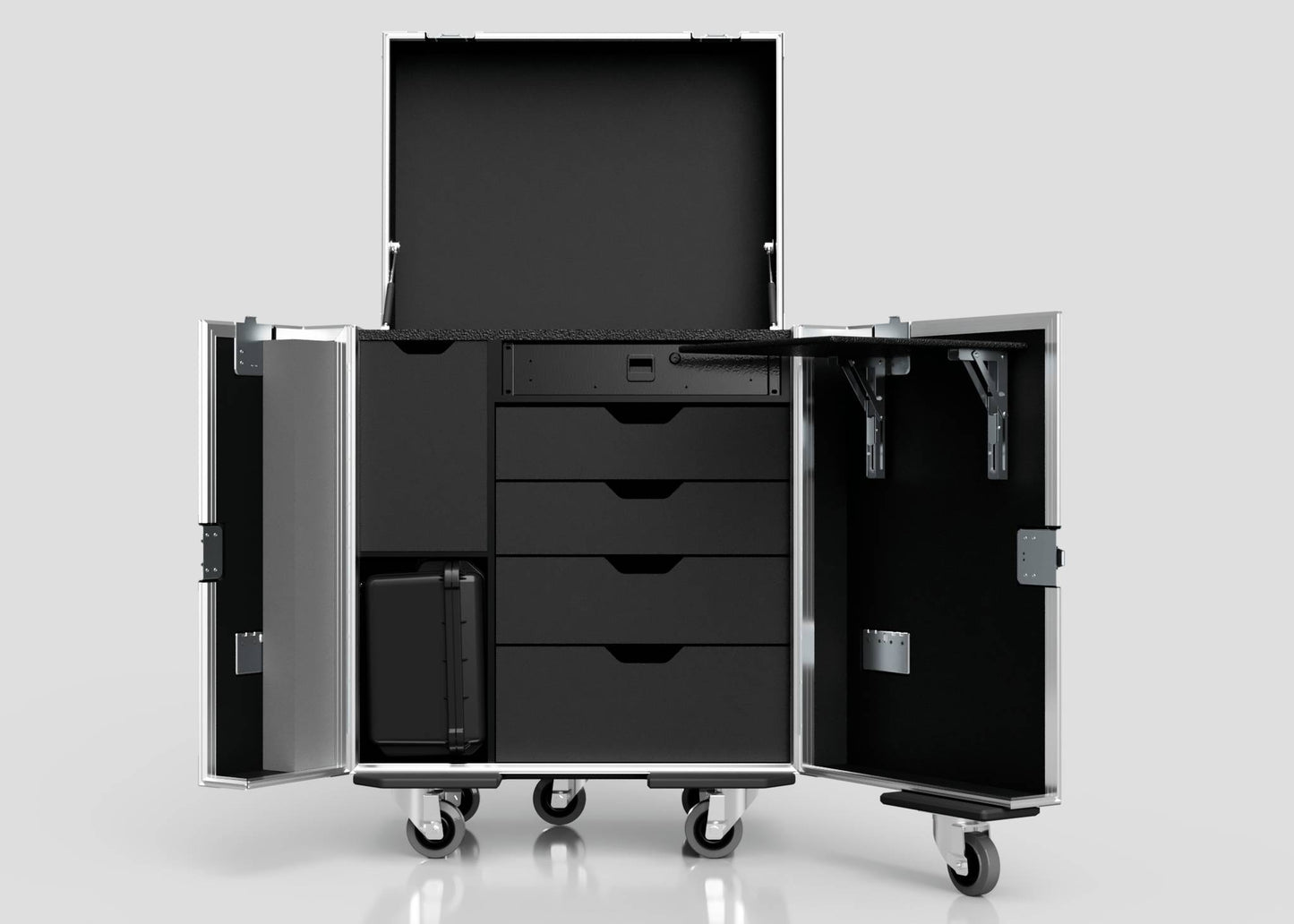 The Backline Workbox Case With 5 Drawers Plus 2U Rack Drawer is a large wheeled storage case with an open lid, doors, five central drawers, side compartments, and external dimensions of 800 x 600 x 1090 mm.