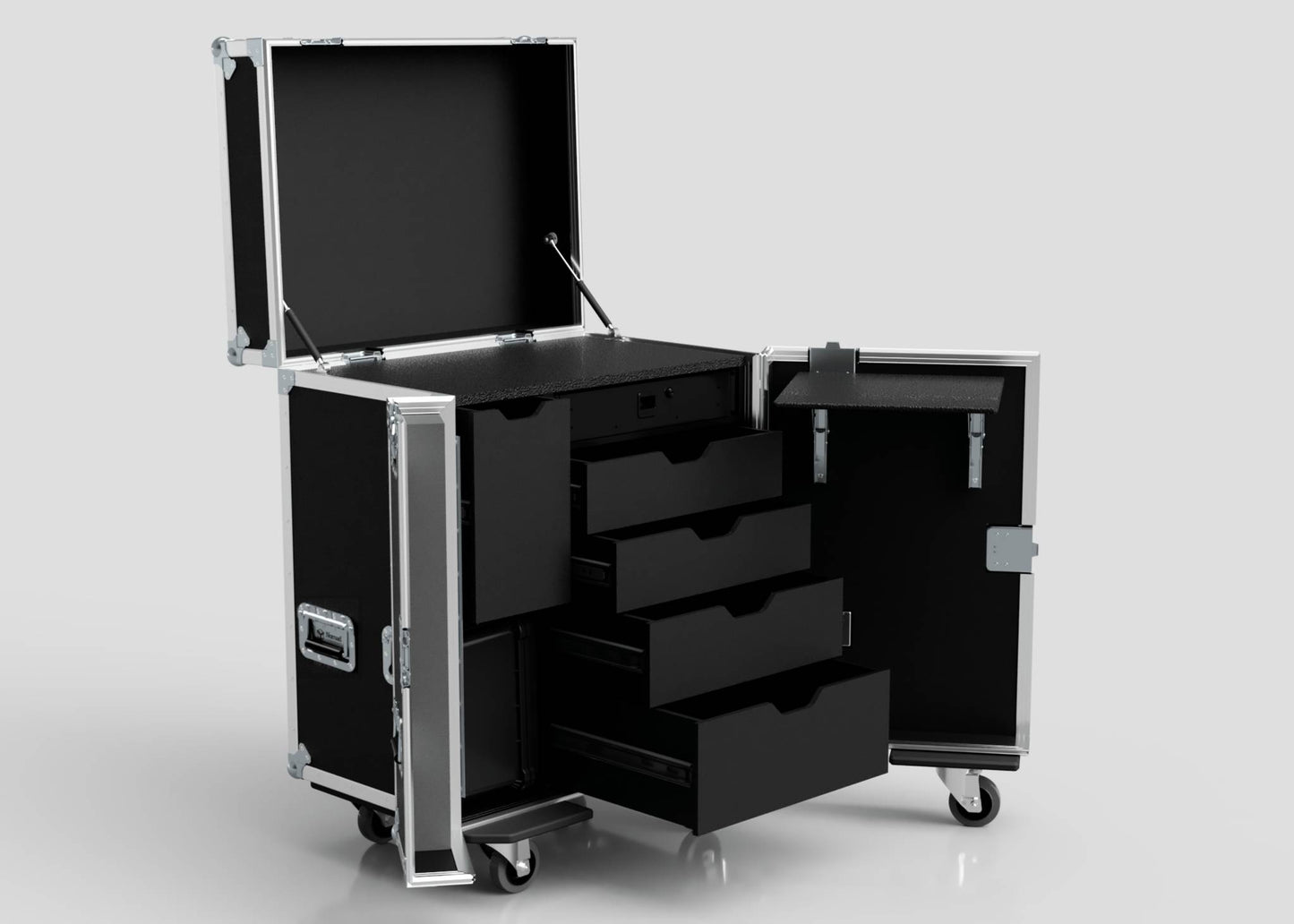 The Backline Workbox Case With 5 Drawers Plus 2U Rack Drawer is a black, wheeled equipment case with metal edges and multiple compartments, measuring 800 x 600 x 1090 mm, shown open against a plain background.