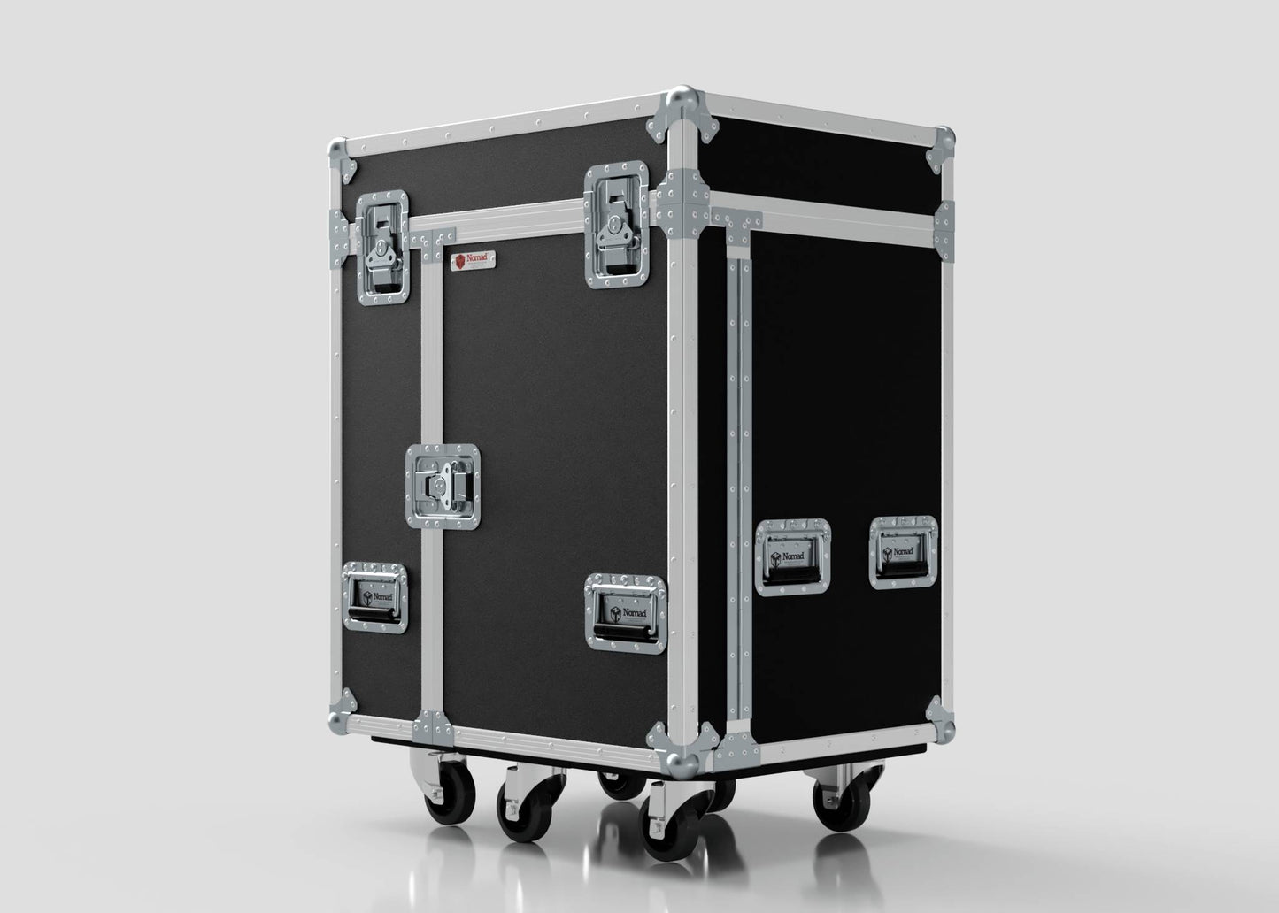 A Backline Workbox Case with 5 drawers, a 2U rack drawer, black finish, metal edges, multiple latches, handles, and four caster wheels is shown against a plain background. External size: 800 x 600 x 1090 mm.