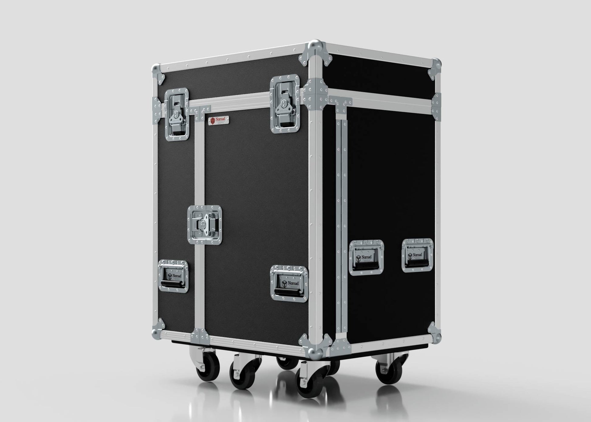 A Backline Workbox Case with 5 drawers, a 2U rack drawer, black finish, metal edges, multiple latches, handles, and four caster wheels is shown against a plain background. External size: 800 x 600 x 1090 mm.