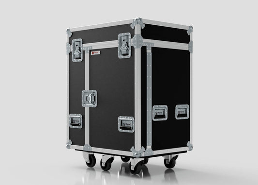 A Backline Workbox Case with 5 drawers, a 2U rack drawer, black finish, metal edges, multiple latches, handles, and four caster wheels is shown against a plain background. External size: 800 x 600 x 1090 mm.